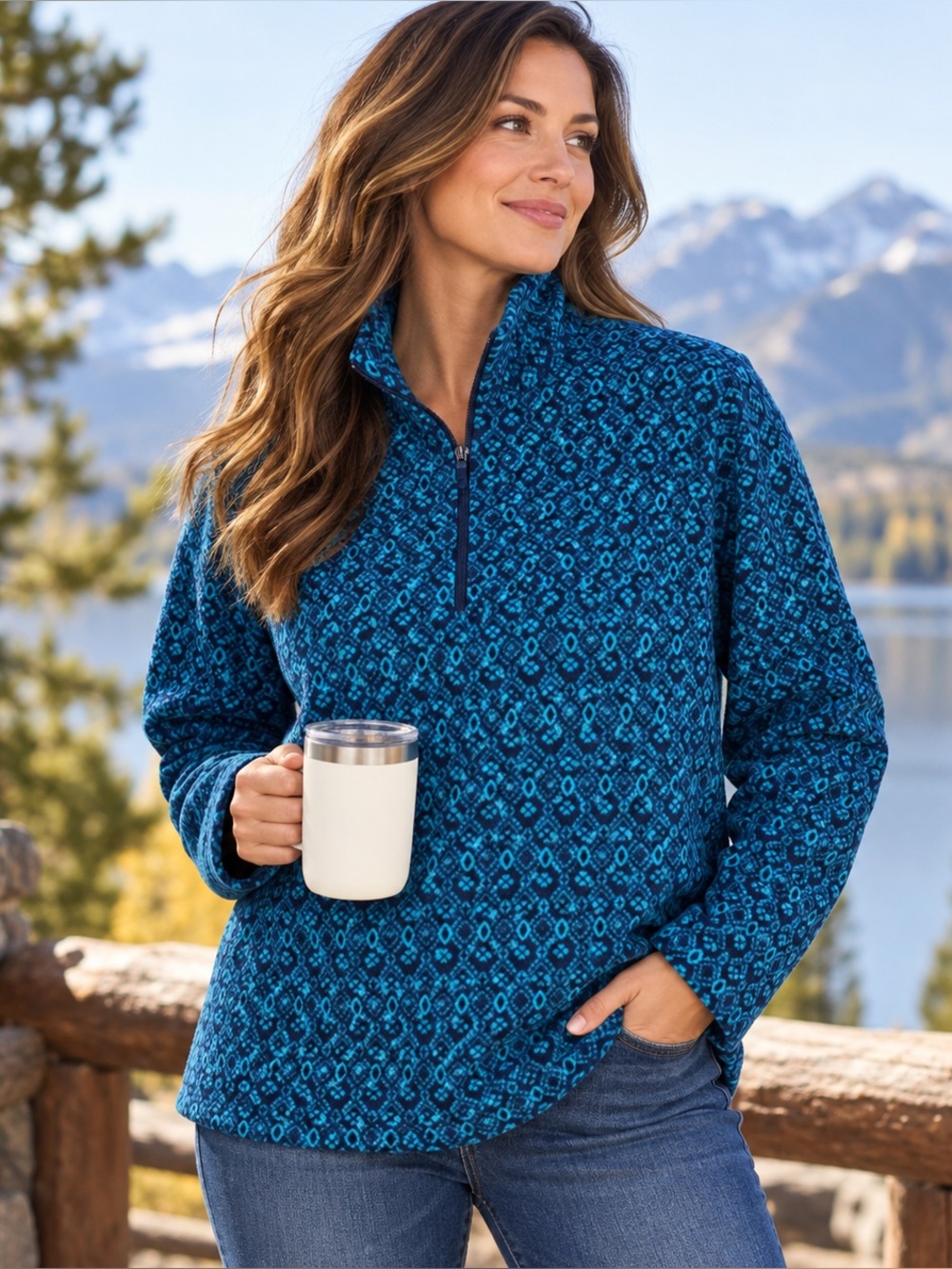 Lands End Women’s XL 18 Blue Teal Geometric Fleece Quarter Zip Pullover Gorpcore